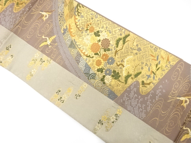 鶴に流水・花模様織り出し　袋帯